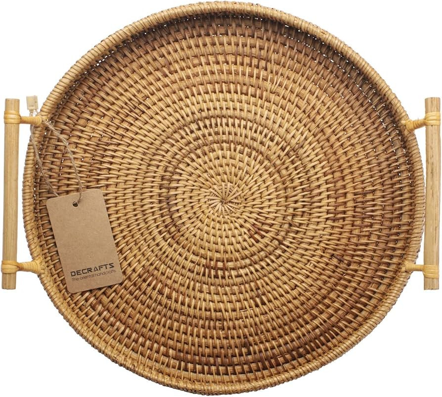 DECRAFTS Rattan Round Serving Tray Wicker Woven Bread Basket with Handles for Cracker Dinner Part... | Amazon (US)