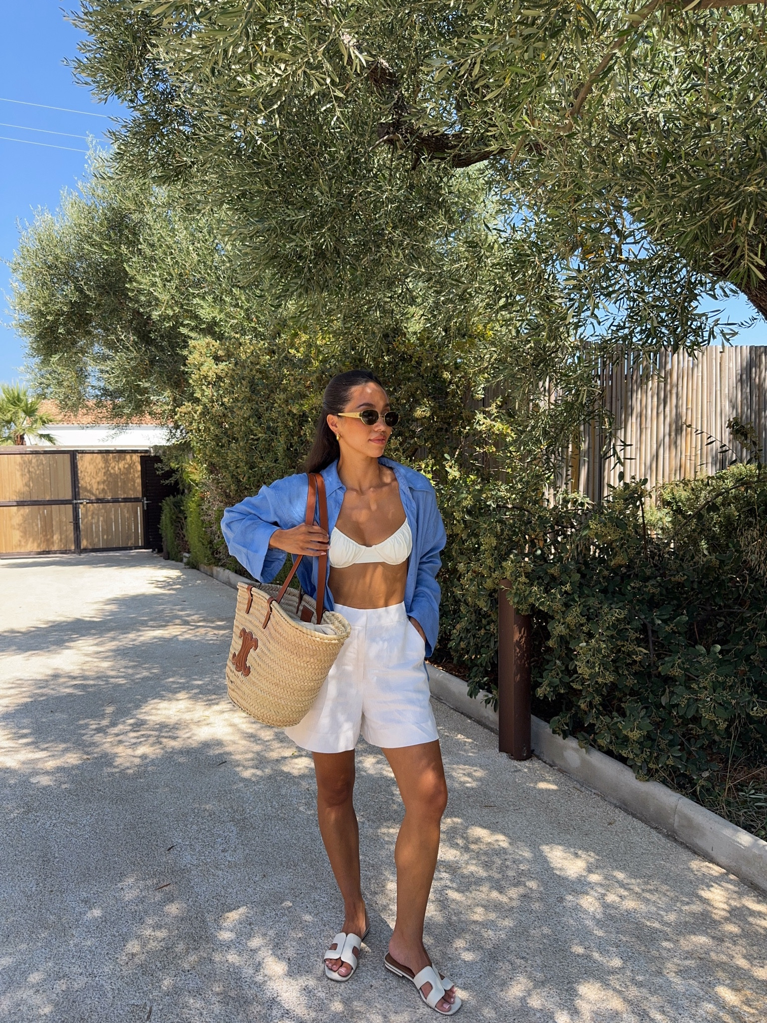 Holiday outfit inspo 🏝️ summer vacation, beach, swimwear, all white, Bermuda shorts, blue shirt and raffia bag

#LTKsummer #LTKstyletip #LTKswimwear