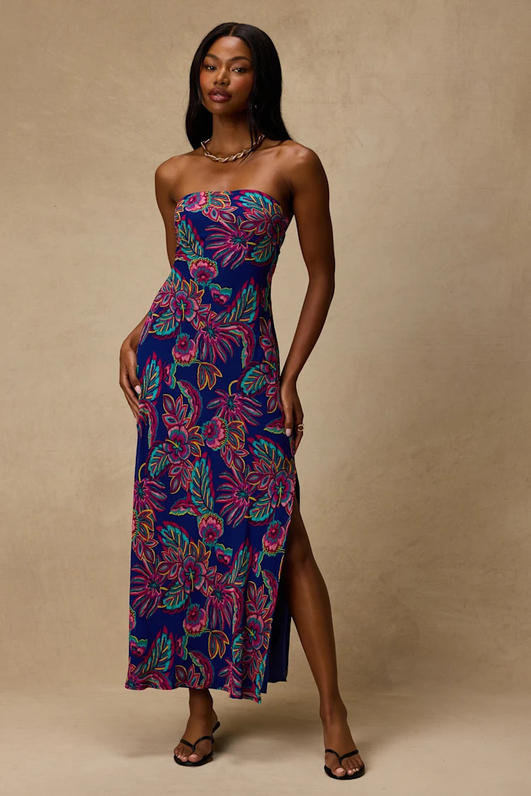 Sofia Blue Multi Boho Print Strapless Maxi Dress | Lulus