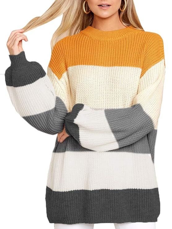 Imily Bela Womens Oversized Chunky Color Block Cable Knitted Crew Pullover Sweaters | Amazon (US)