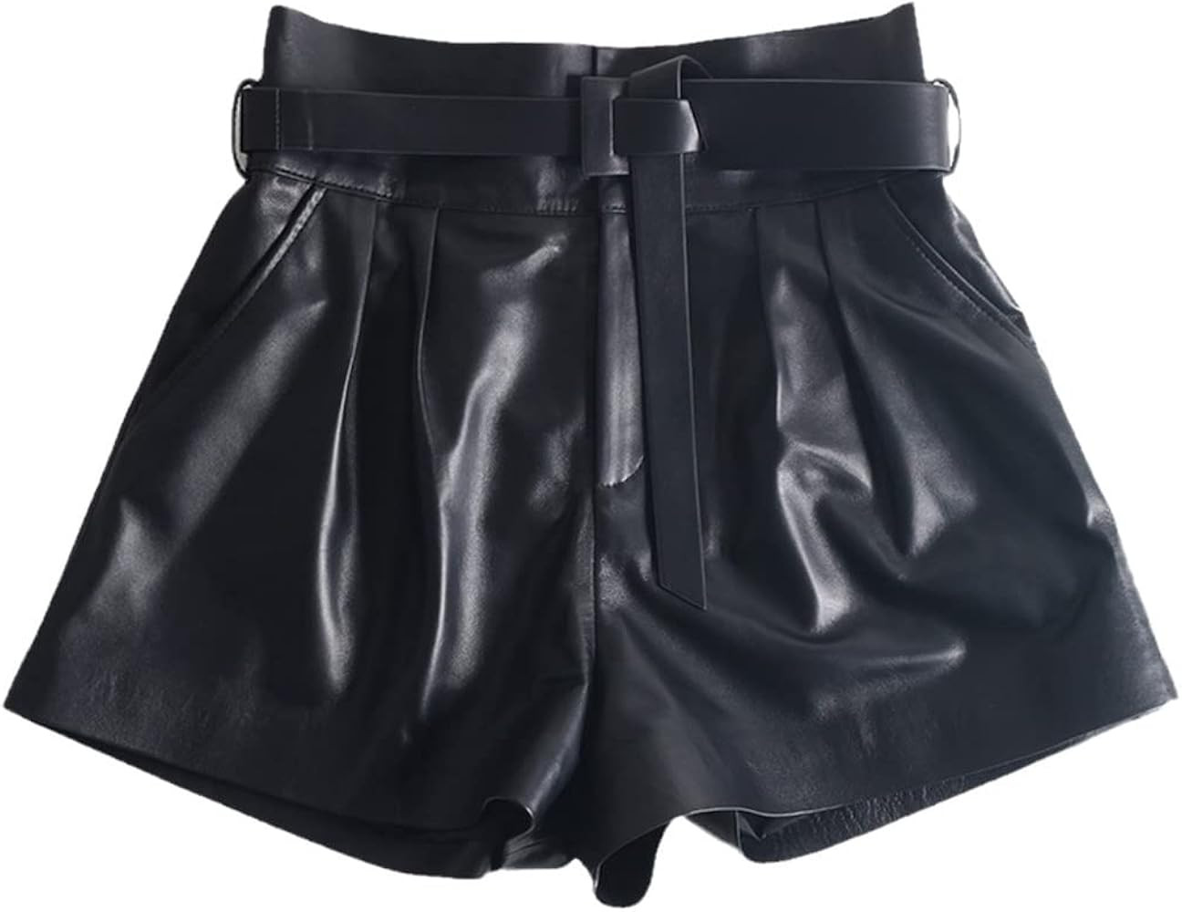 Wvapzxx Women Real Leather Pleated Falbala Shorts with Belt High Waist Casual Sexy Booty Shorts | Amazon (US)