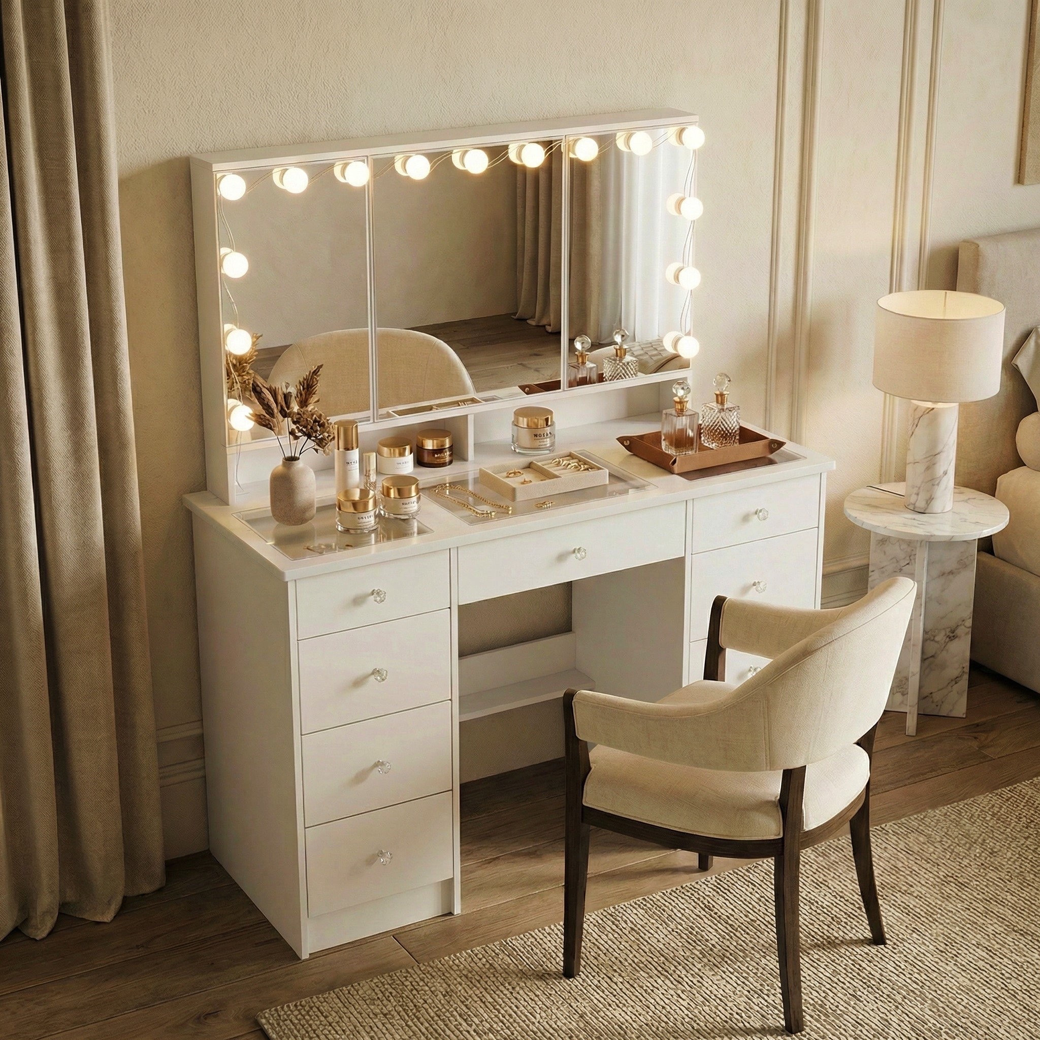 Inspired by classic Hollywood glamour, the Angrand 53.6” H Makeup Vanity with Lighted Tri-Fold Mirror and 9 Drawers creates the ultimate beauty station for effortless organization and flawless makeup application. The illuminated tri-fold mirror offers multiple viewing angles, while nine spacious drawers keep every beauty essential beautifully organized. ON SALE and under $300.

Keywords:

* makeup vanity
* makeup vanity with lights
* tri-fold mirror vanity
* LED makeup vanity
* vanity with drawers
* 9 drawer vanity
* dressing table with mirror
* makeup desk
* beauty station
* vanity table with lights
* bedroom vanity
* makeup organization
* skincare storage
* glam vanity table
* modern vanity furniture
* beauty room furniture
* elegant bedroom décor
* dressing table
* luxury vanity
* makeup storage solutions