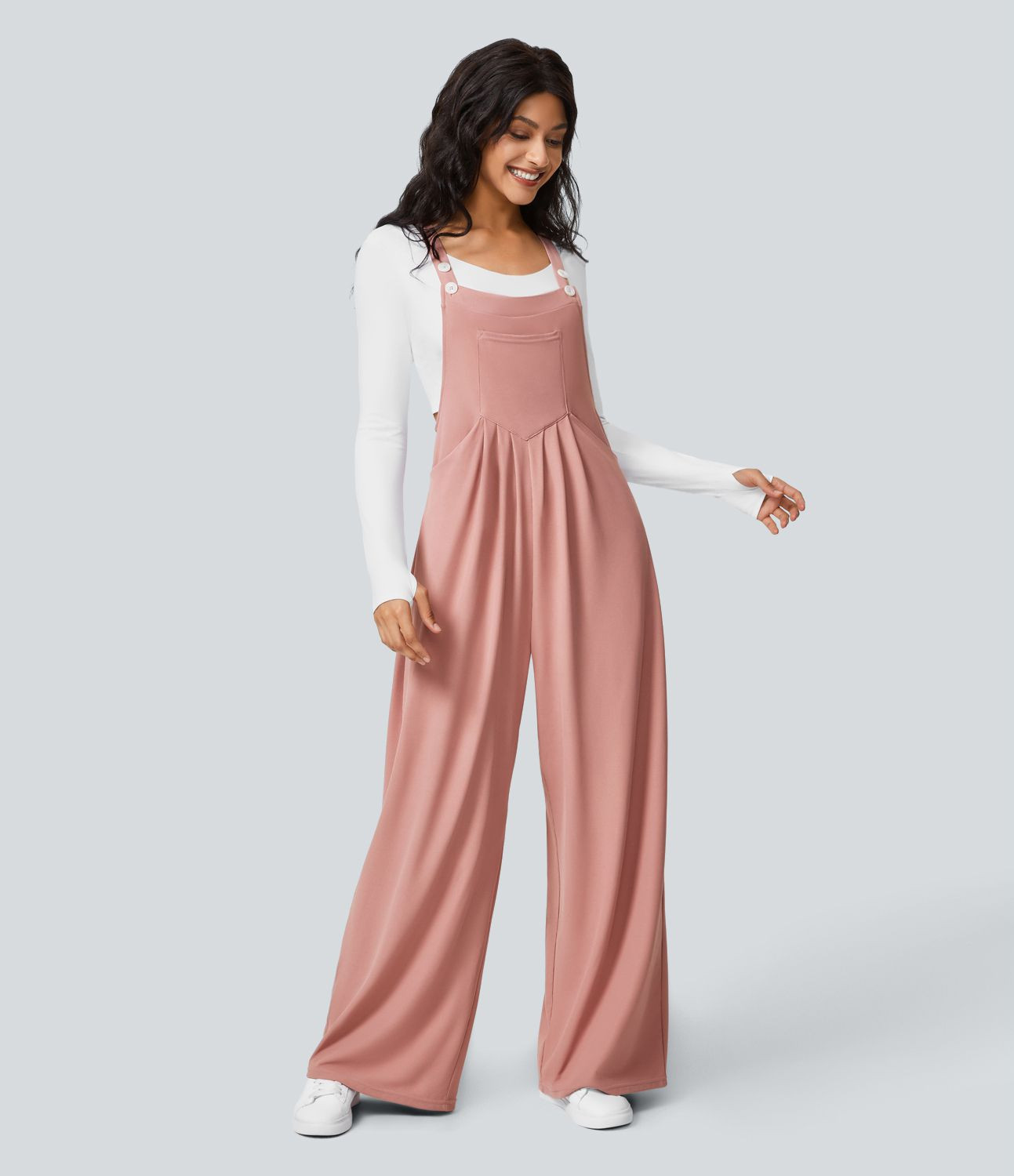 Women’s Adjustable Strap Button Multiple Pockets Plicated Waffle Casual Overalls - Halara | HALARA