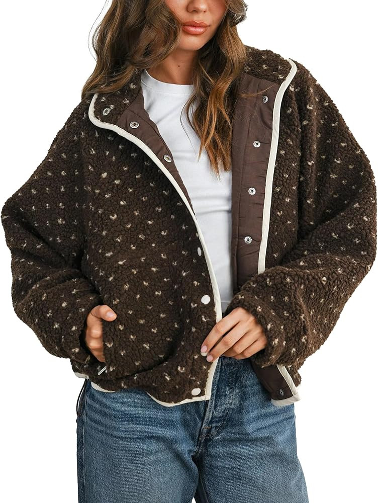 SeeLuNa Slouchy Fleece Jacket Women Long Sleeve Button Down High Neck Polka Dot Puffer Jackets Sh... | Amazon (US)