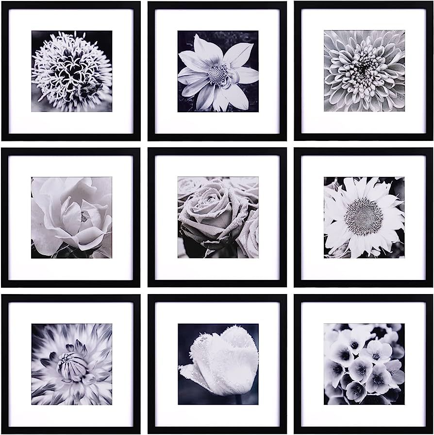 12x12 Picture Frames Black Set of 9, Square Photo Frame Displays 8x8 with Mat or 12x12 without Ma... | Amazon (US)