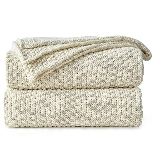Longhui bedding Cream Knitted Throw Blanket for Couch, Soft, Cozy Machine Washable 100% Cotton Sofa Knit Blankets, Heavy 3.0lb Weight, 51 x 63 Inches, Beige Color | Amazon (US)