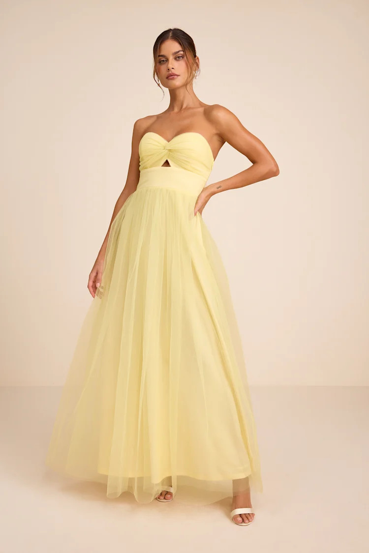 Lyssa Pale Yellow Tulle Strapless Cutout Maxi Dress | Lulus