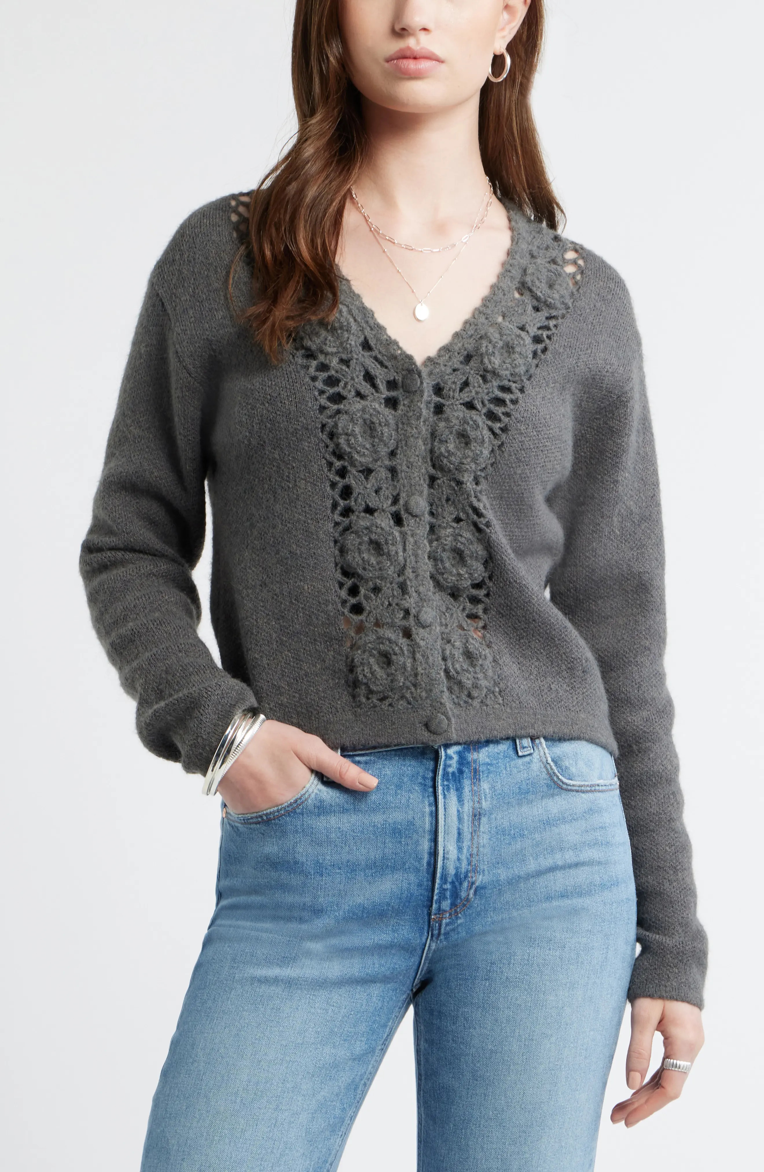 Treasure & Bond Floral Trim Cardigan in Grey Med Char Hthr at Nordstrom, Size Xx-Small | Nordstrom