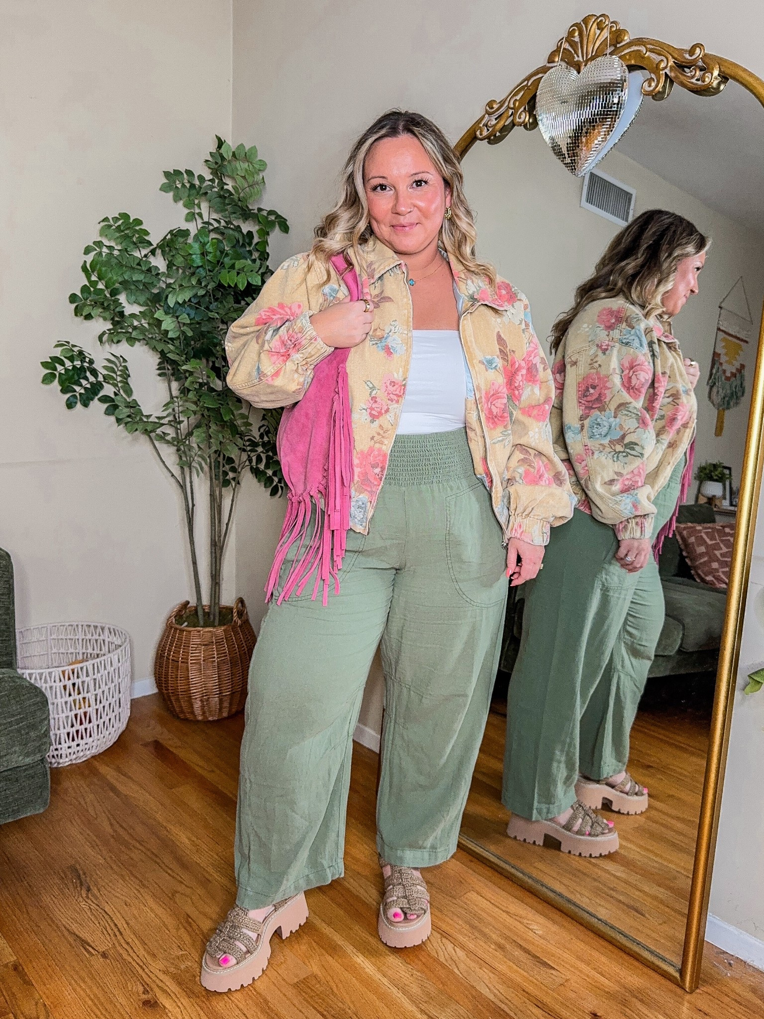 Anthro code SHELLI20 for 20% off! (Some exclusions apply!) 
Jacket size MEDIUM (I sized down)- also has matching pants!
Pants size MEDIUM (I sized down) 
Sandals run tts 

Spring style, spring outfit, spring trends, Anthropologie, size 12, size 14, style over 40, floral jacket, spring jacket, spring break style, vacation style, travel style, spring shoes, spring sandals 


#LTKMidsize #LTKSaleAlert #LTKStyleTip