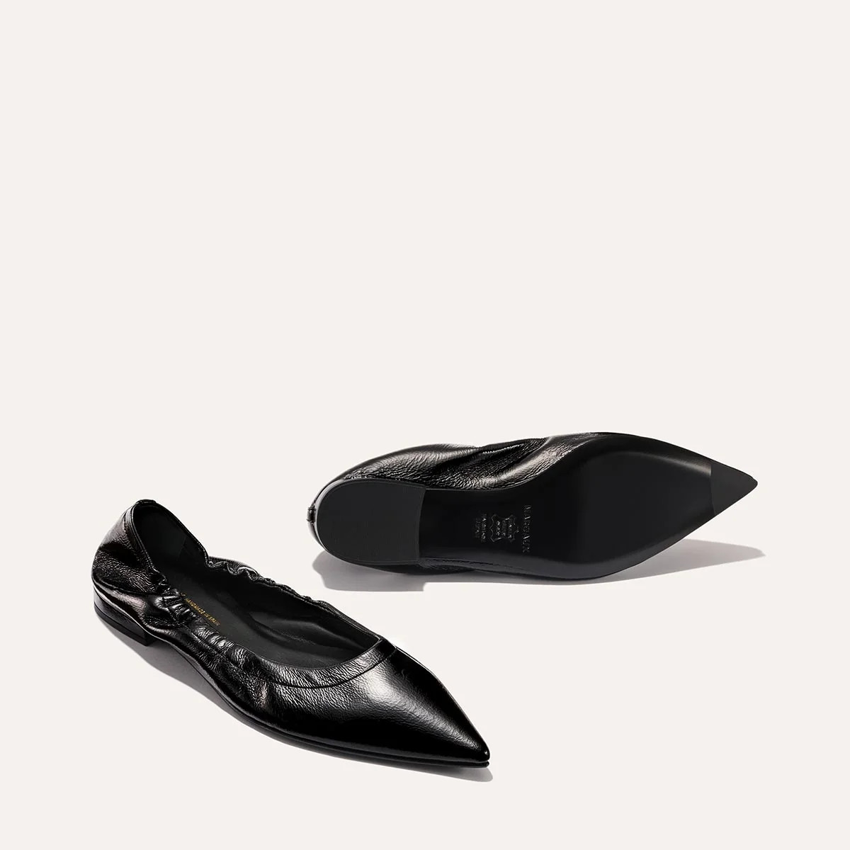 Black Pointed Toe Ballet Flat in Crinkle Patent Leather | The Roma | Margaux