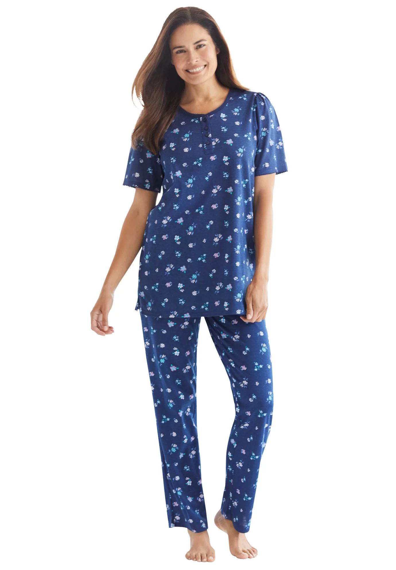 Dreams & Co. Women's Plus Size Floral Henley Pj Set Pajamas - Walmart.com | Walmart (US)