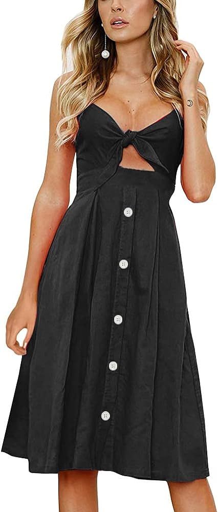 FANCYINN Womens Tie Front Button Down A-Line Dresses Summer Spaghetti Strap Midi Dress Floral Pri... | Amazon (US)