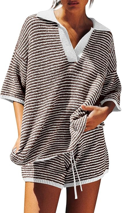 Tankaneo Womens Sweater Set 2 Piece Outfits Oversized 3/4 Sleeve V Neck Knit Tops High Waisted Sh... | Amazon (US)