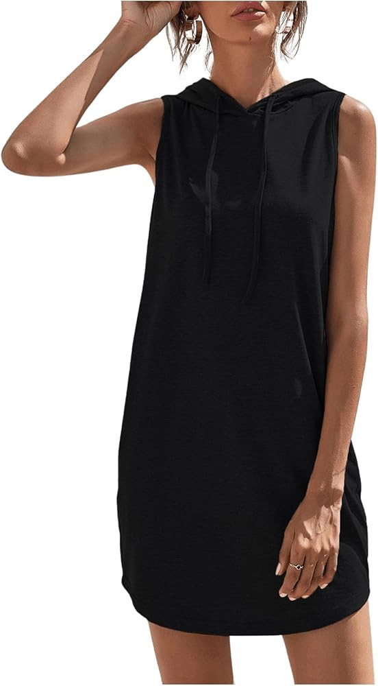 Floerns Women's Drawstring Solid Sweatshirt Dress Casual Short Sleeveless Hoodie Mini Dress | Amazon (US)