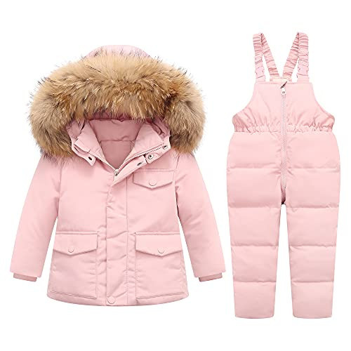 Toddler Girl Snowsuit 2Pcs Kids Down Jacket Winter Hooded Coat +Snow Bib Pants Kids Windproof Skiing Suit (5T/6T,Pink) | Amazon (US)