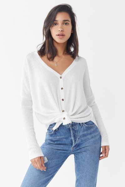 Out From Under Jojo Oversized Thermal Button-Front Top - Beige XS at Urban Outfitters | Urban Outfitters (US and RoW)