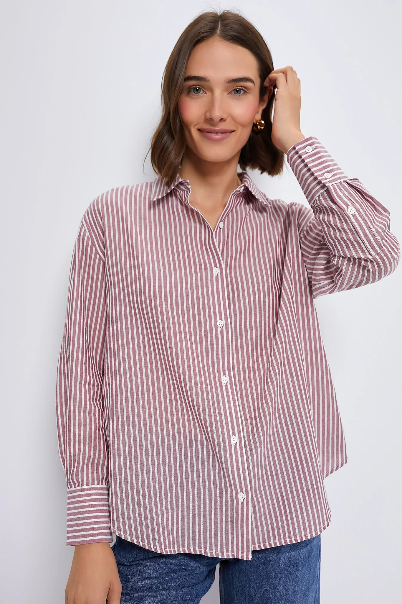 Washed Red Pointelle Stripe Nadine Boyfriend Button Down | Tuckernuck (US)