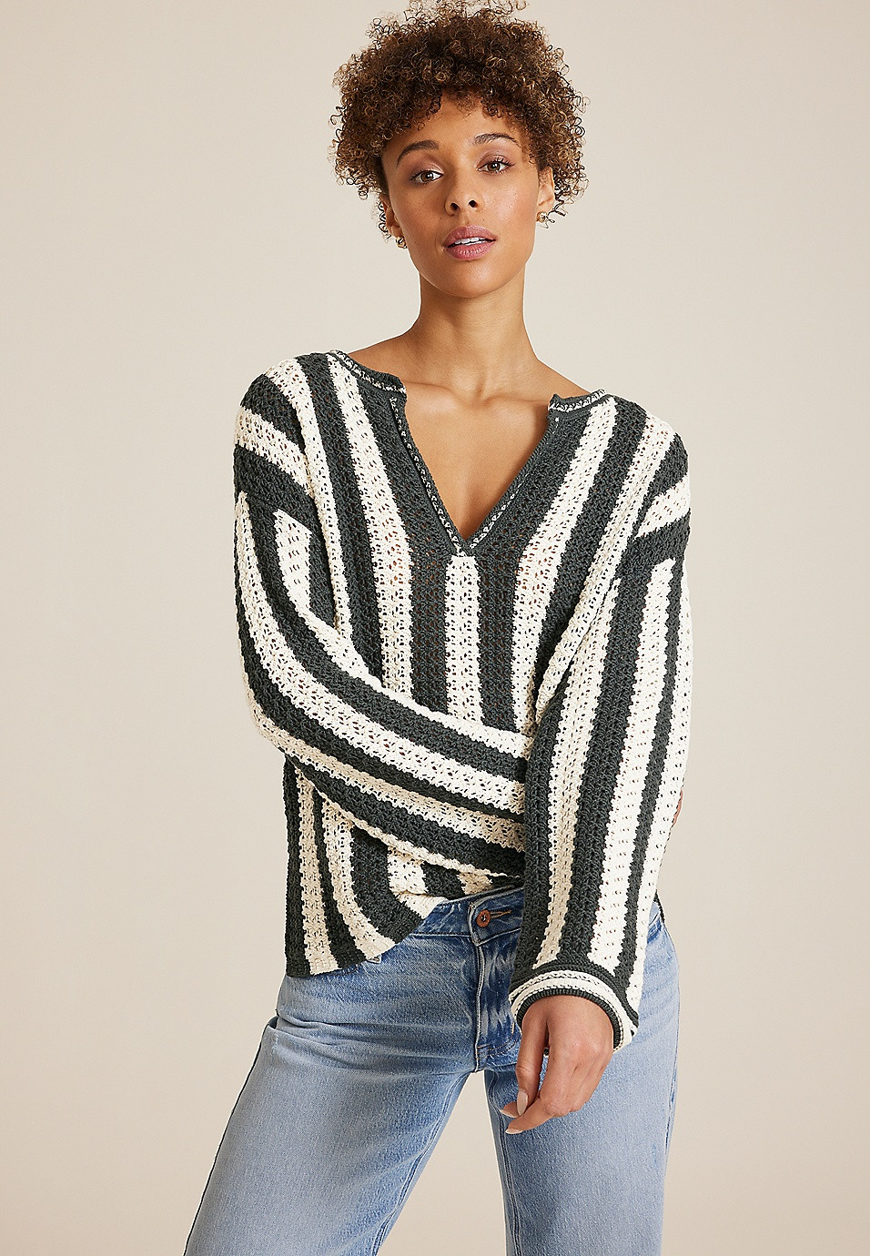 Vertical Stripe V Neck Pullover | Maurices