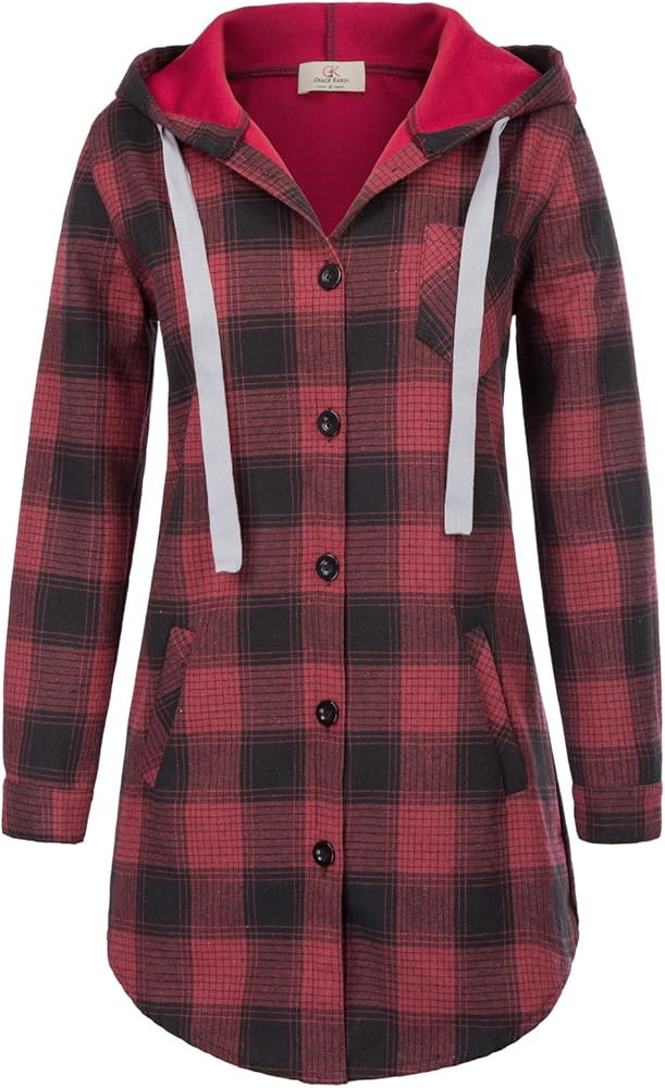 GRACE KARIN Women Flannel Plaid Button Down Top with Pockets Long Sleeve Hooded Jacket | Amazon (US)