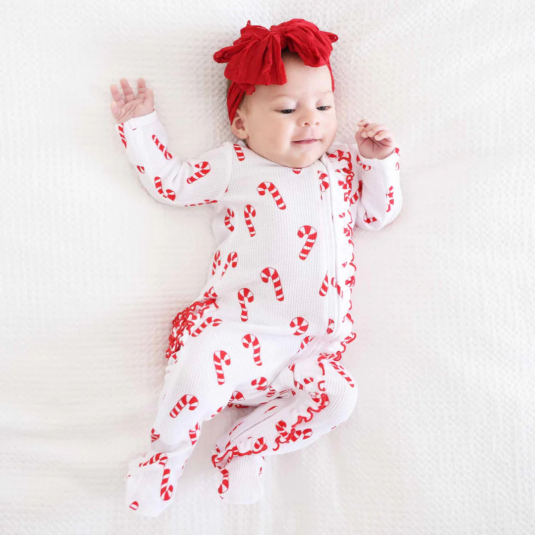 Candy Cane Lane Waffle Bamboo Zipper Ruffle Footie | Caden Lane