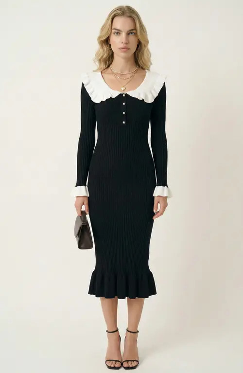 Modenaire Ribbed Knit Ruffled Collar Midi Dress in Black at Nordstrom, Size Medium | Nordstrom