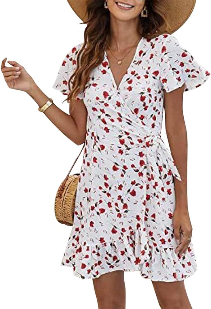 IFFEI 2023 Womens Summer Floral Mini Wrap Dress Short Sleeve Homecoming Casual Dresses for Women | Amazon (US)