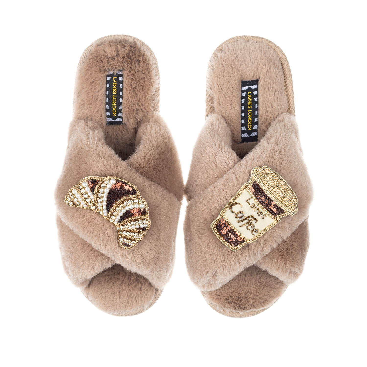 Classic Laines Slippers With Coffee & Croissant Brooches - Toffee | Wolf & Badger (US)
