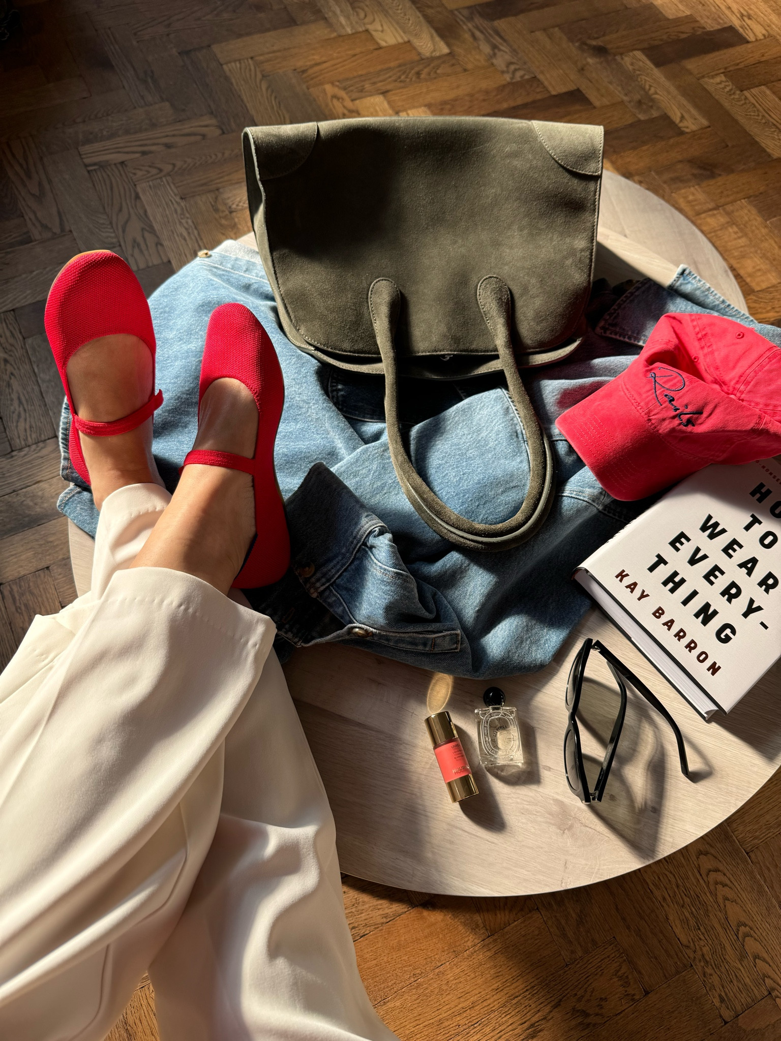 Red Ballet Flats + Grey Suede Cos Bag + Cream Trousers + Denim Shirt 

#LTKuk #FashionMonth #LTKeurope