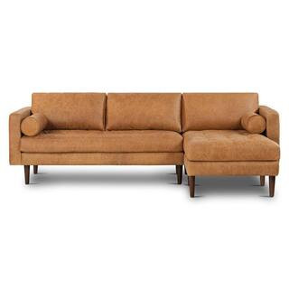 Napa 105 in. Square Arm 1-Piece Leather L-Shaped Sectional Sofa in Cognac Tan | The Home Depot