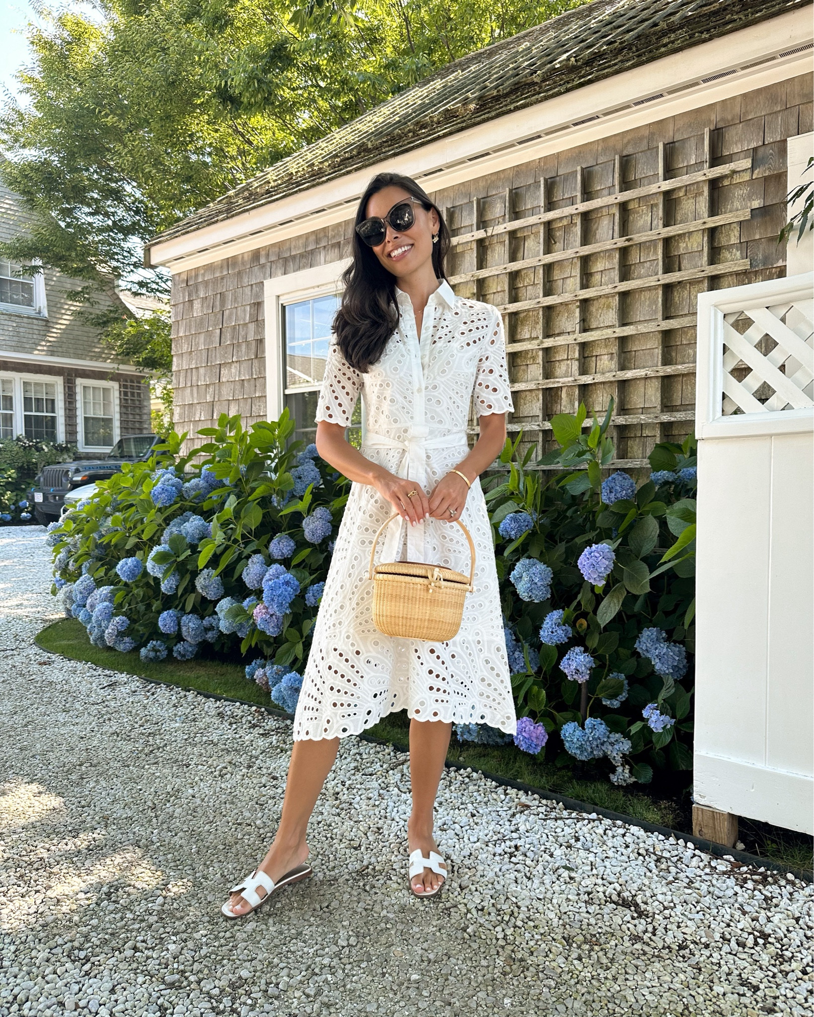 Kat Jamieson wears a white eyelet dress. Summer outfit, midi dress, shirtdress, office style, vacation outfit, classic style. Everyone Loves The Weekend dress. #everyonelovestheweekend 

#LTKShoeCrush #LTKWorkwear #LTKSeasonal