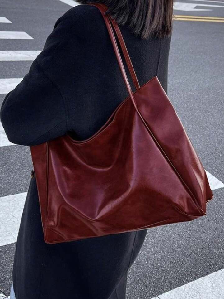 1pc Solid Color Large Capacity Women's Tote Bag Retro Solid Color Tote Bag For Women, Soft PU Lea... | SHEIN