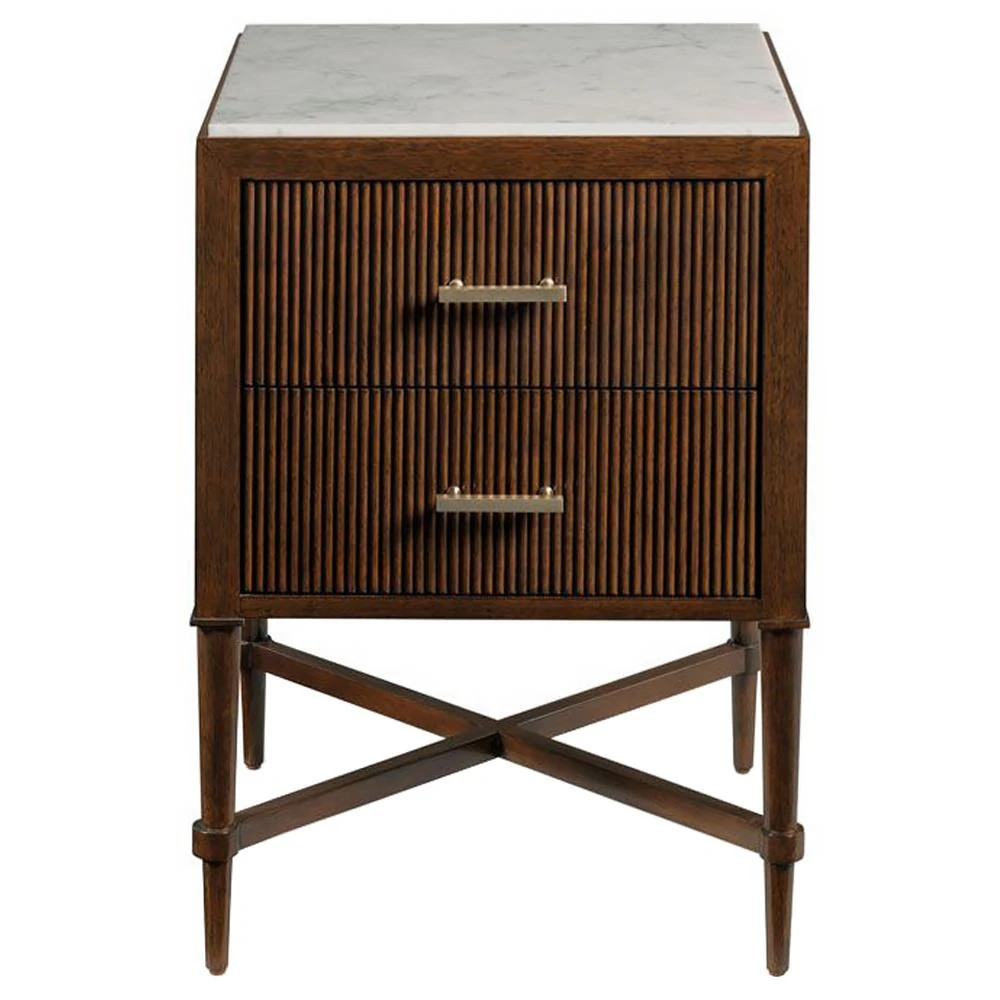 Ridgemoor French Polished Carrara Marble Lisse Brown Wood Nightstand | Kathy Kuo Home
