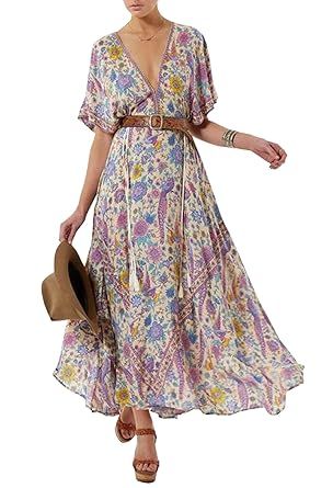 R.Vivimos Women Summer Print Deep V Neck Cotton Beach Long Dresses | Amazon (US)