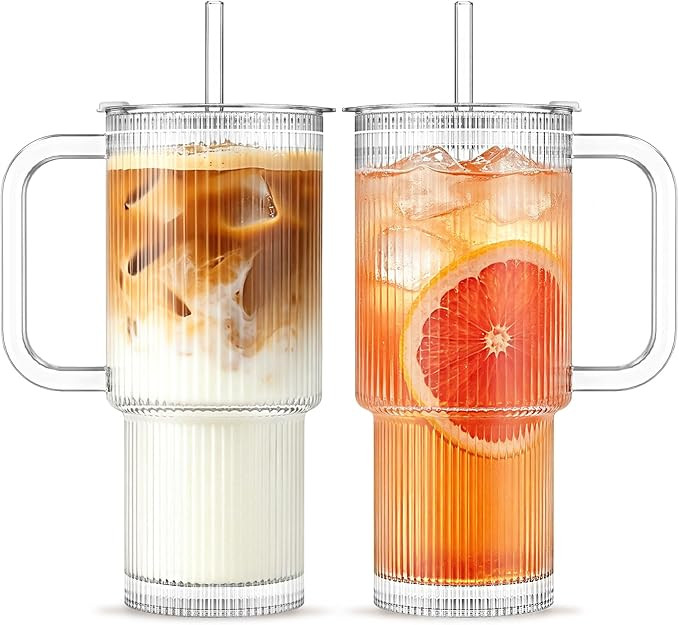 INSETLAN 24oz Ribbed Glass Tumbler with Handle & Lid – 2-Pack Large Iced Coffee Cups with Straw... | Amazon (US)