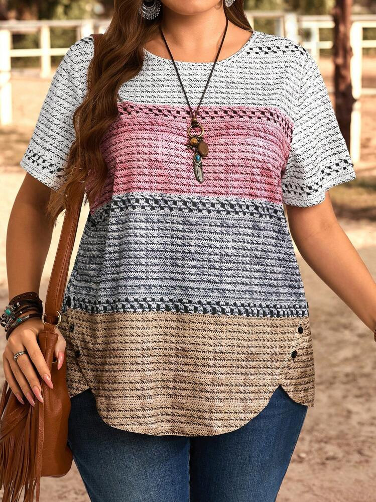 EMERY ROSE Plus Size Casual Colorblock Striped Short Sleeve T-Shirt, Vacation Style, Suitable For... | SHEIN
