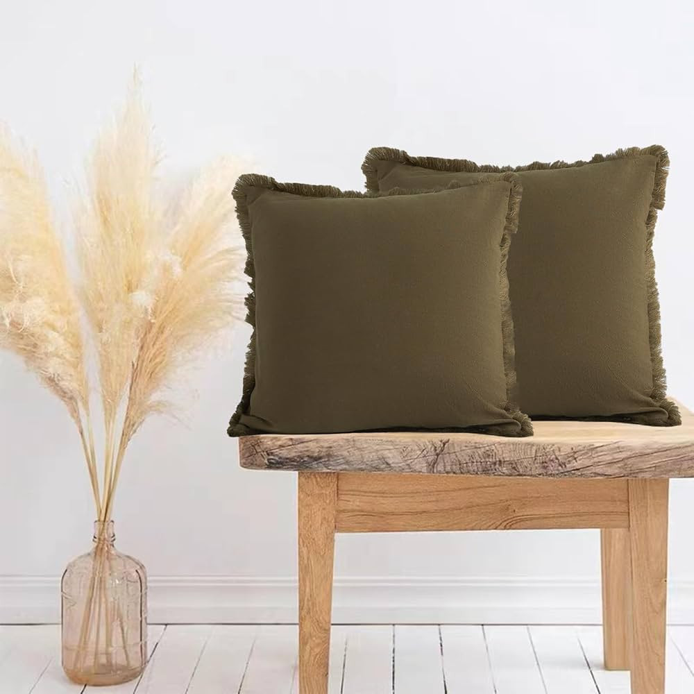 Pack of 2 Cotton Pillow Covers with Tassels Fringed Decorative Rustic Natural Throw Pillowcase Cushion Covers for Couch Sofa Bedroom 20 x 20inches, Olive Green | Amazon (US)