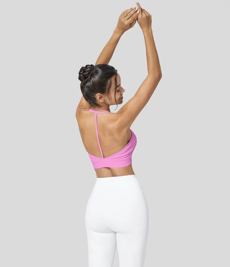 Women’s Ribbed Low Support Halter Backless Solid Cropped Yoga Sports Bra - Halara | HALARA