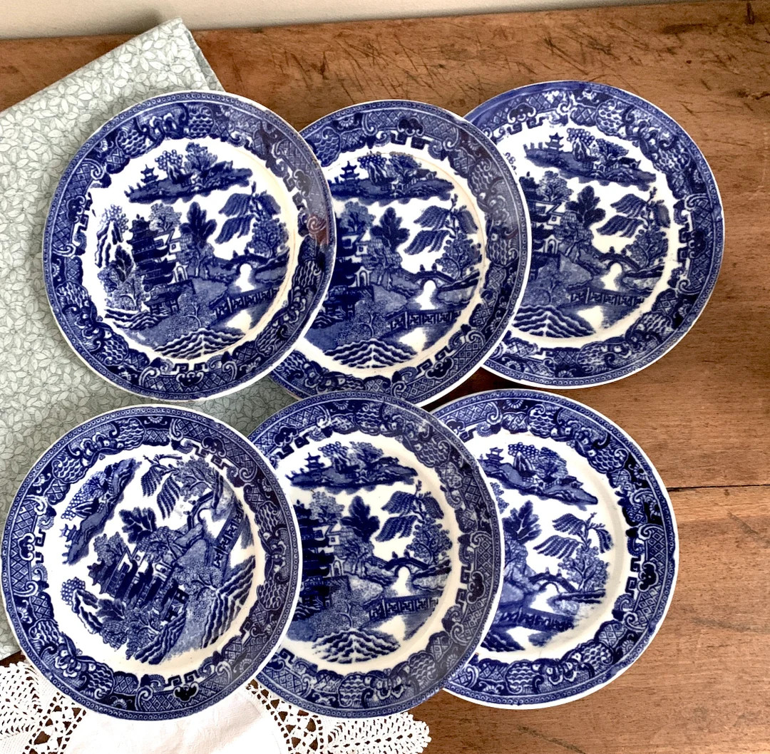 Antique Set of 6 Blue and White Tea Plates. Willow Pattern Small Plates for Teatime Treats Cake S... | Etsy (US)