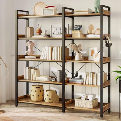 Industrial Reversible Corner Bookshelf With 5 Open Shelves And 4 Hooks, Heavy Duty Metal Frame Wooden Bookcase For Living Room, Bedroom, Home Office | Wayfair North America