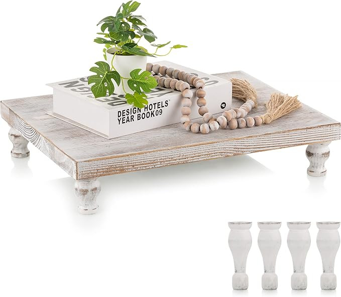 Hanobe Wooden Riser Decorative Tray: Farmhouse Wood Pedestal Display Stand Rustic Whitewashed Tra... | Amazon (US)