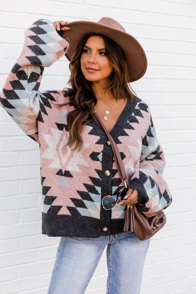 Sing The Tune Charcoal Oversized Aztec Cardigan | The Pink Lily Boutique