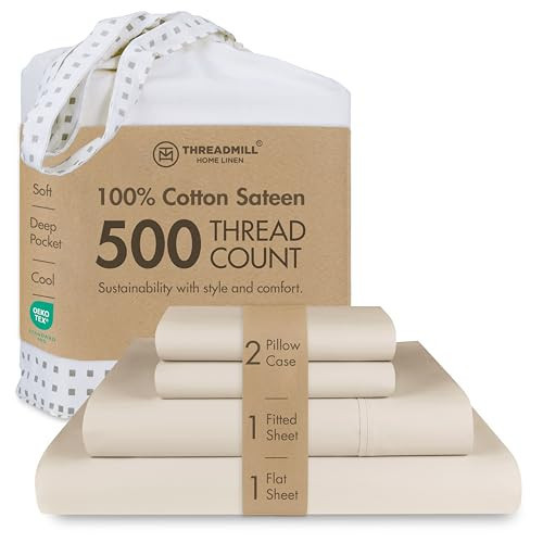 Threadmill 5-Star Hotel 500 Thread Count Best Bed Sheets, 100% Cotton Sheets Set for Queen Size Bed, Smoother Than Egyptian Cotton Claims, 4 Pc Set with Deep Pockets (Beige) | Amazon (US)