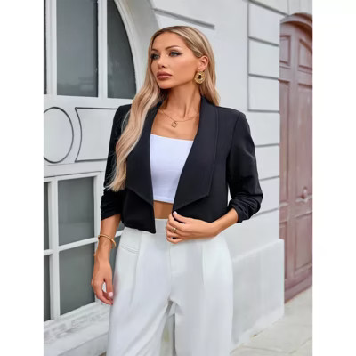Women's Notched Lapel Ruched Sleeve Jackets Business Cropped Blazer Black S | Target