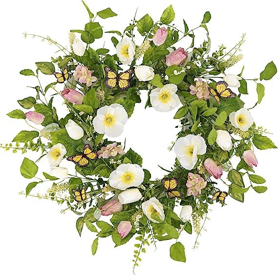 YNYLCHMX 20" Spring Flower Wreath with White Flower & Green Eucalyptus Leaves & Butterfly, Artifi... | Amazon (US)