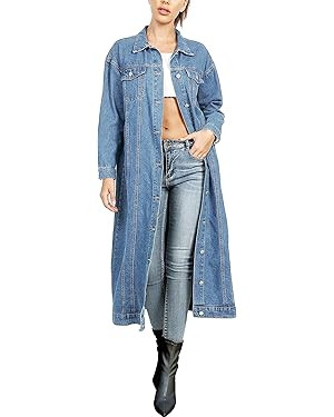 Jofemuho Womens Classic Long Jean Jacket Plus Size Loose Long Sleeve Button Down Denim Jacket Tre... | Amazon (US)
