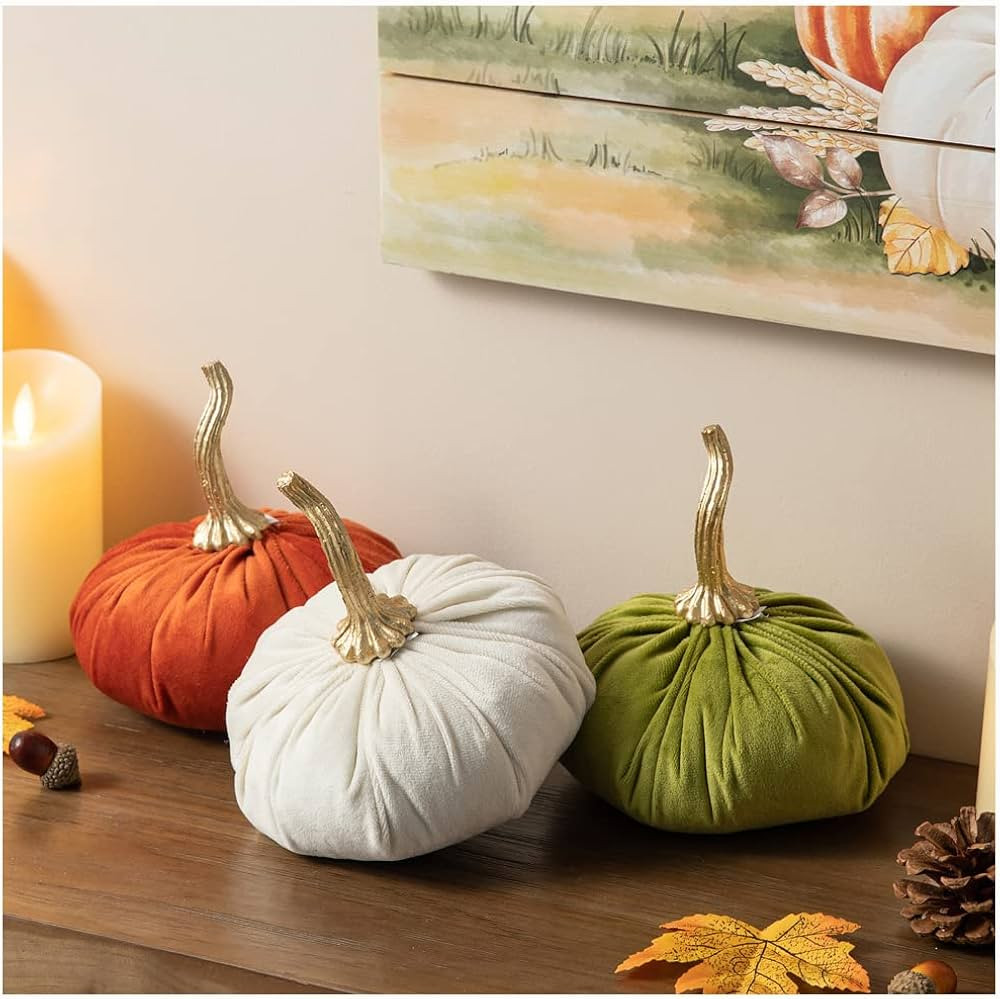Glitzhome Set of 3 Velvet Pumpkins, Artificial Plush Pumpkins with Realistic Stems, Rustic Table ... | Amazon (US)