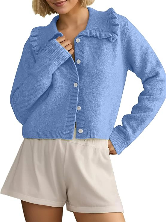 HOCANDY Womens Ruffle Collar Cardigan Sweater Button Up Open Front Fall Knit Jackets Cute Long Sl... | Amazon (US)