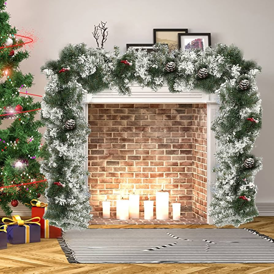 9FT/2.7M Christmas Garland Decorated, Snow Tipped Green Christmas Garland, Snow Frosted Garlands ... | Amazon (UK)