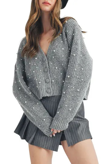 Lush Imitation Pearl Embellished Crop Cardigan in Heather Grey at Nordstrom Rack, Size Large | Nordstrom Rack