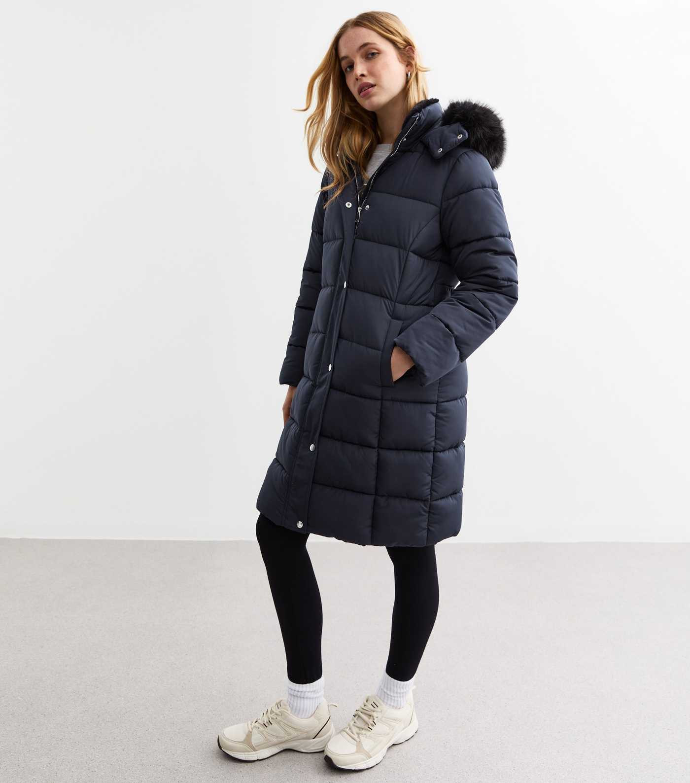 Navy Faux Fur Trim Hood Long Puffer Coat | New Look | New Look (UK)
